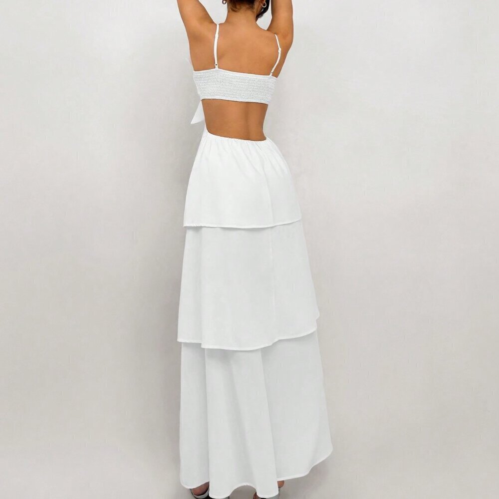 White Elegant Romantic Women's 3D Flower Strap Dress - Graduation/Wedding Season - Picture 3 of 5
